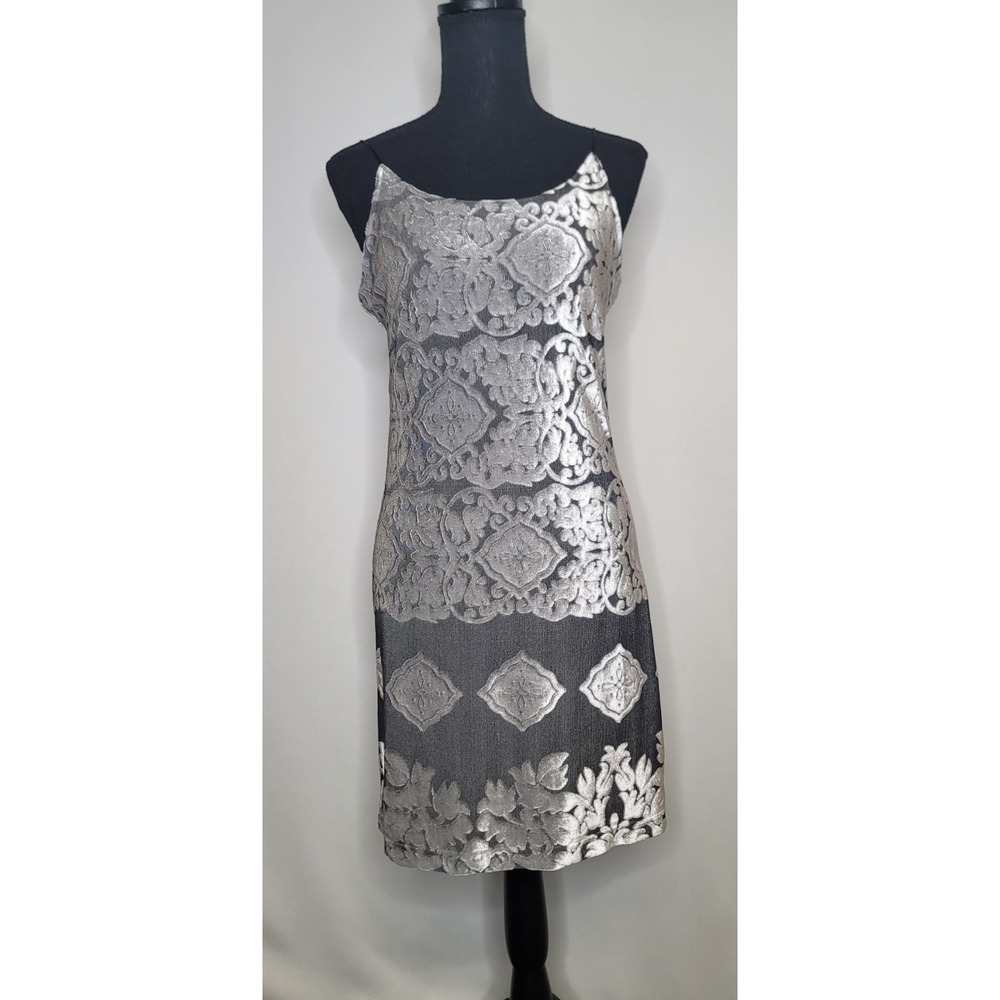 Vintage Cine Metallic Slip Dress Medium Silver Tapestry Y2K Mini Sheath Lined